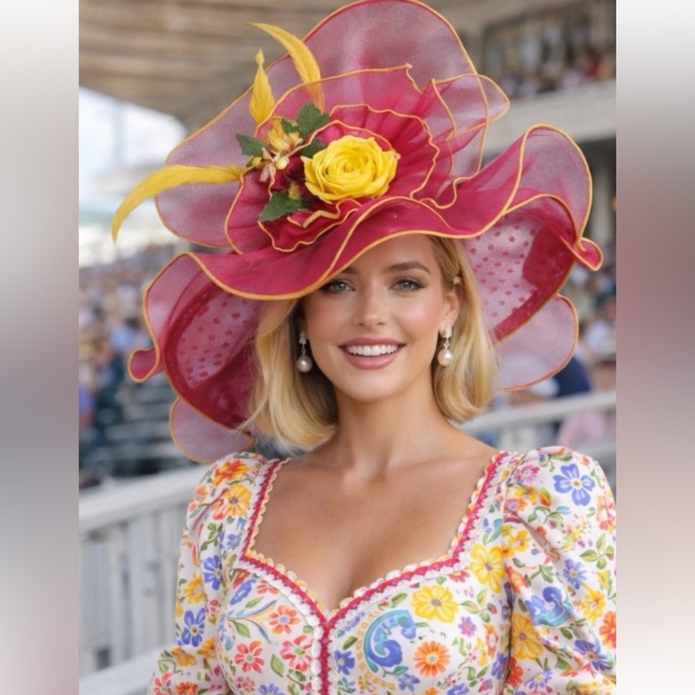 Kentucky Derby Hat Ky Oaks Organza Feather Pink Polka and Yellow Floral Hat